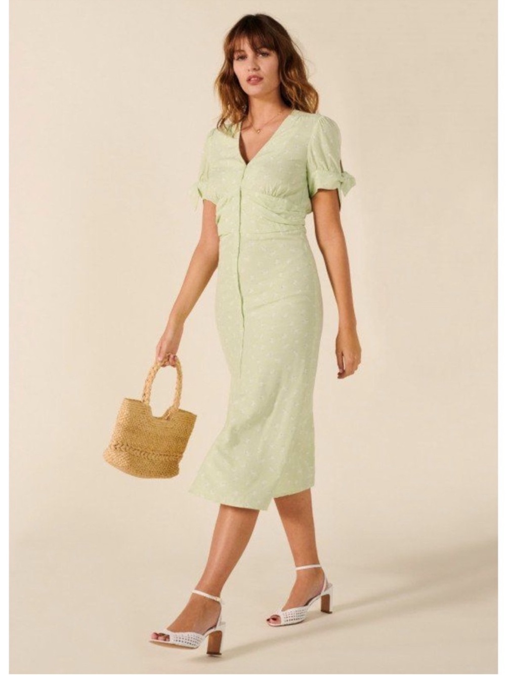 ROUJE Pastel Mint Green White Floral Printed Button Down V Neck Laura Midi Dress